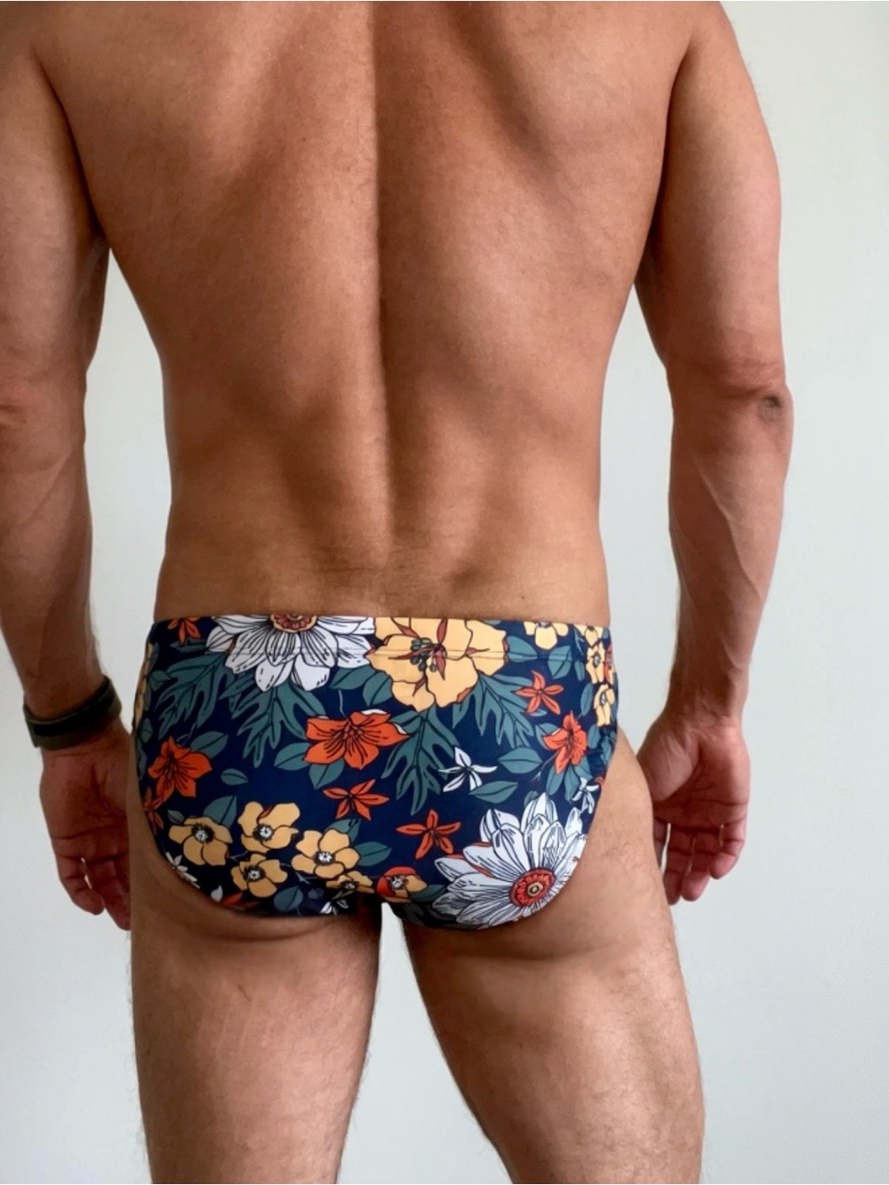 Navy Floral Men's Swim Briefs, Small, front lined, drawstring, new - Picture 2 of 5